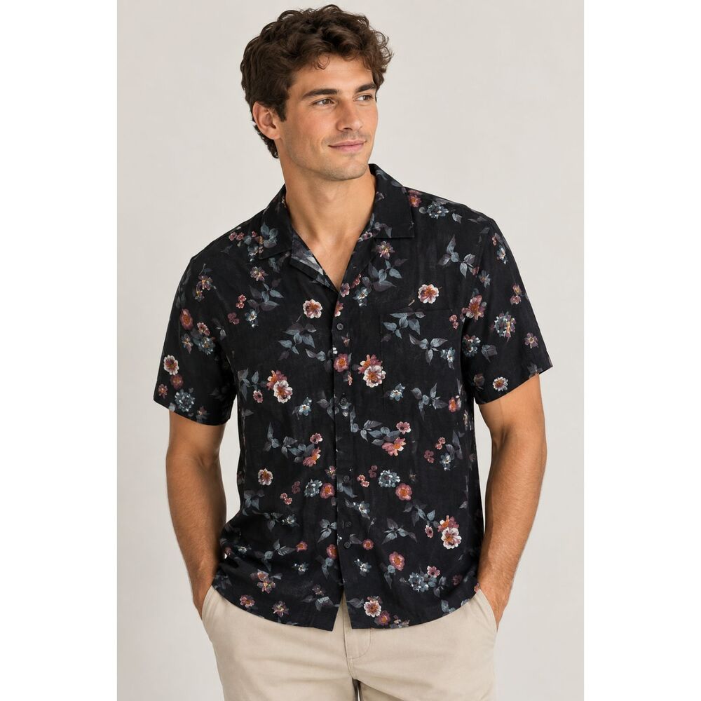 Denim & Flower Menโs Large Black Floral Short Sleeve Button Up